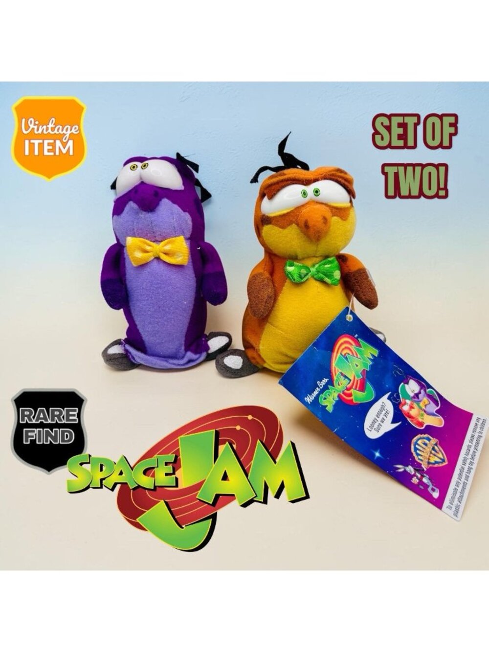 McDonald's Space Jam Nerdlucks Aliens Plush Purple & Orange, Warner Bros 1996